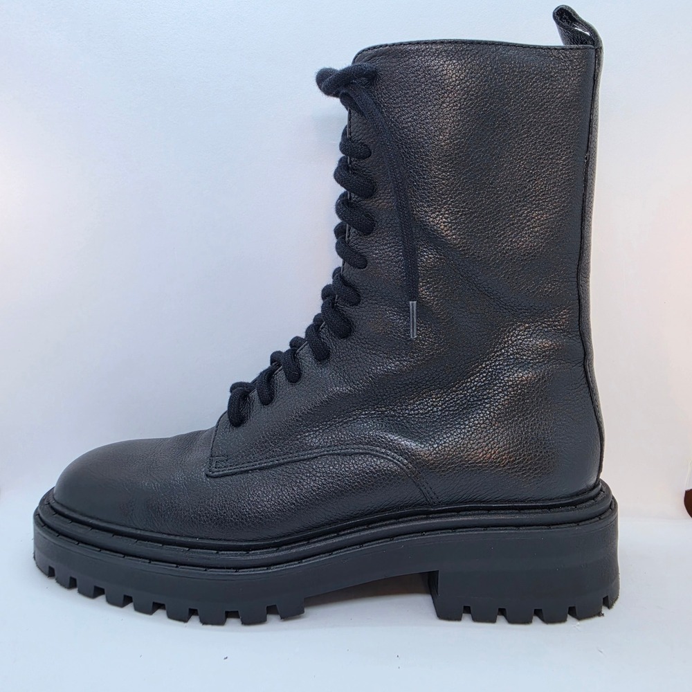 Massimo Dutti Black Leather Lace Up Combat Boots Side Zip Lug Sole 1102/850/800 - Picture 7 of 10